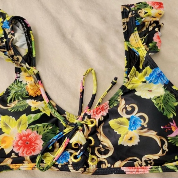 BIKINI RETRO MID WAIST RUFFLE SLEEVES BLACK FLORAL PRINT - Picture 2 of 16